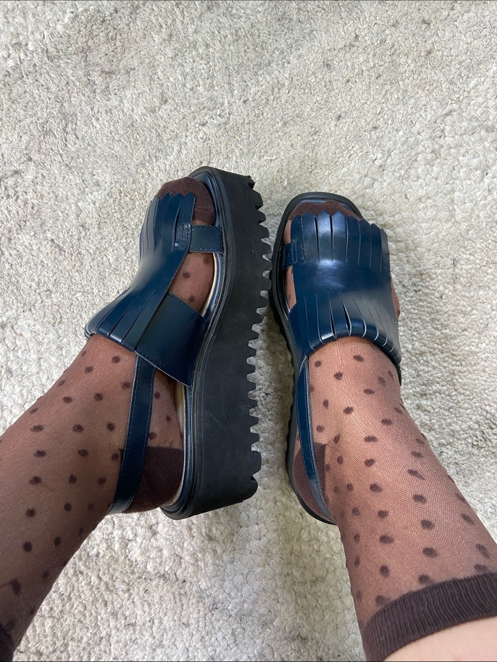 All Black Kiltie Navy Fringe Platform Chunky Sandals - Picture 2 of 9
